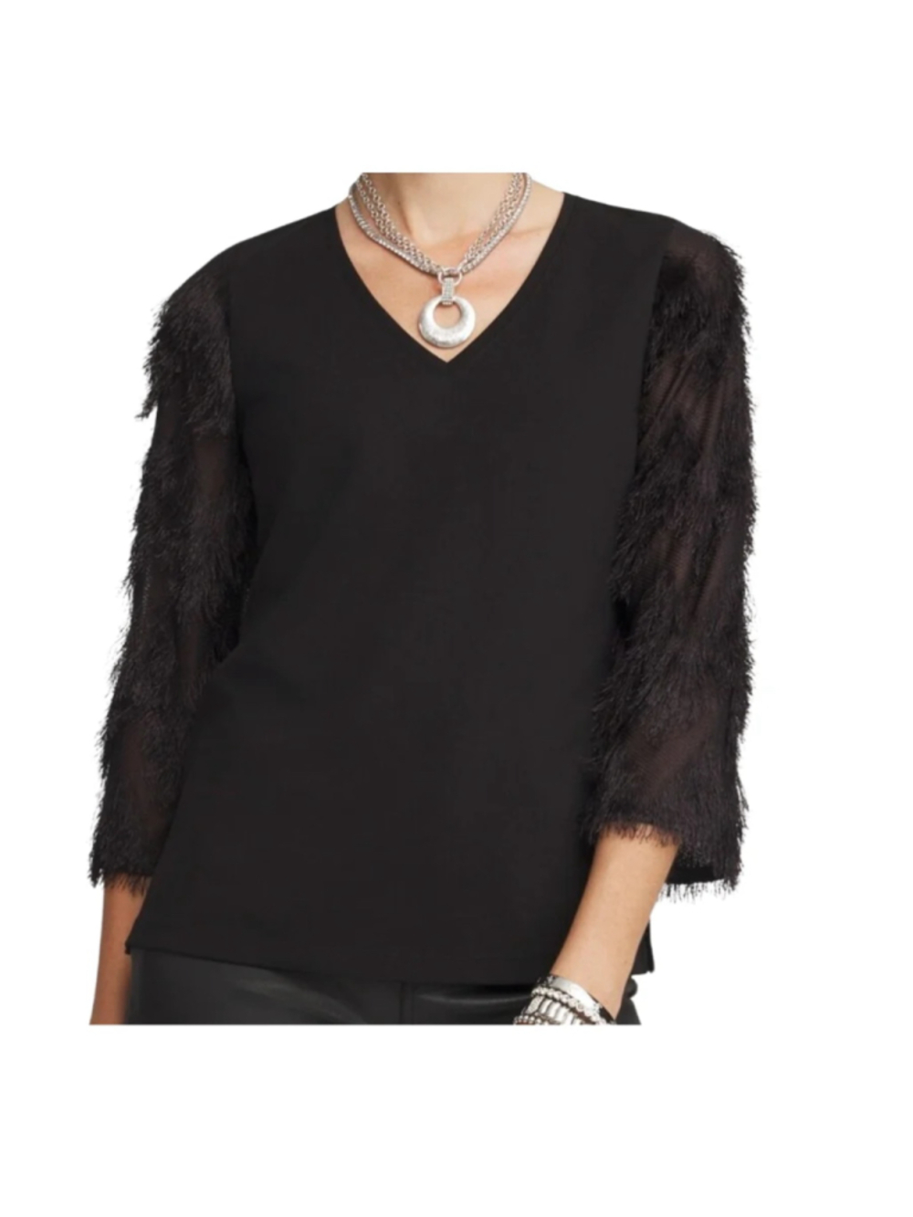 Chicos Black V-Neck Fringed 3/4 Sleeves Top Statement Ponte Blouse Sz 3 (XL) EUC